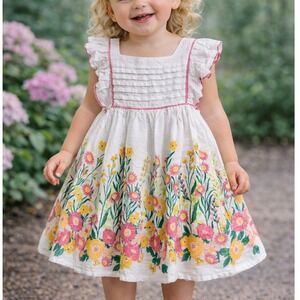 Haute Hippie Baby 24M White Floral Spring Cotton Ruffle Dress Pink Yellow